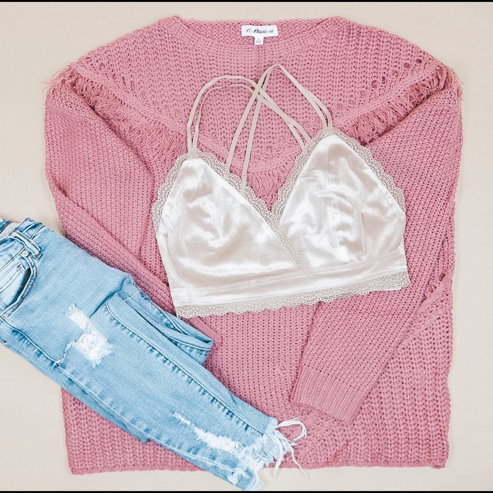 Taupe Faux Velvet Bralette Lace Scallop Edge